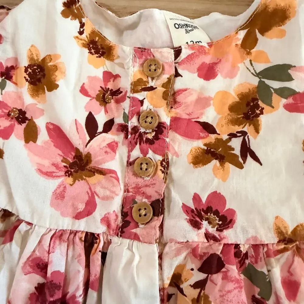 OshKosh B'Gosh Pink Red Floral Dress Size 12 Months Eyelet Layered Girls